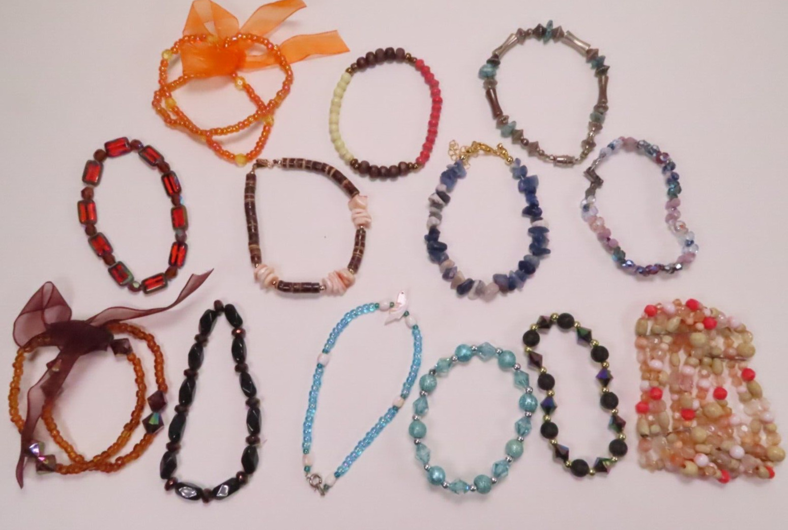 Lot of 13 Beaded Bracelets 10 Stretch 3 Clasp Metal Stone Acrylic Shell Plastic