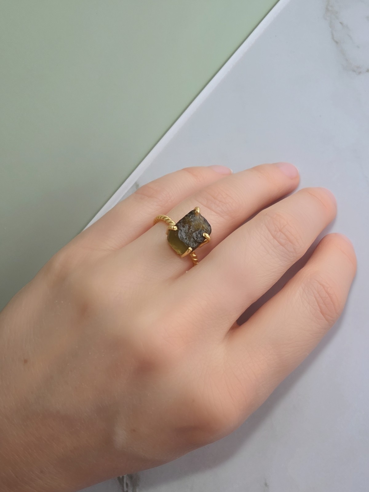 Natural Moldavite Ring 14K Gold Plated 925 Silver Adjustable Gift for Her