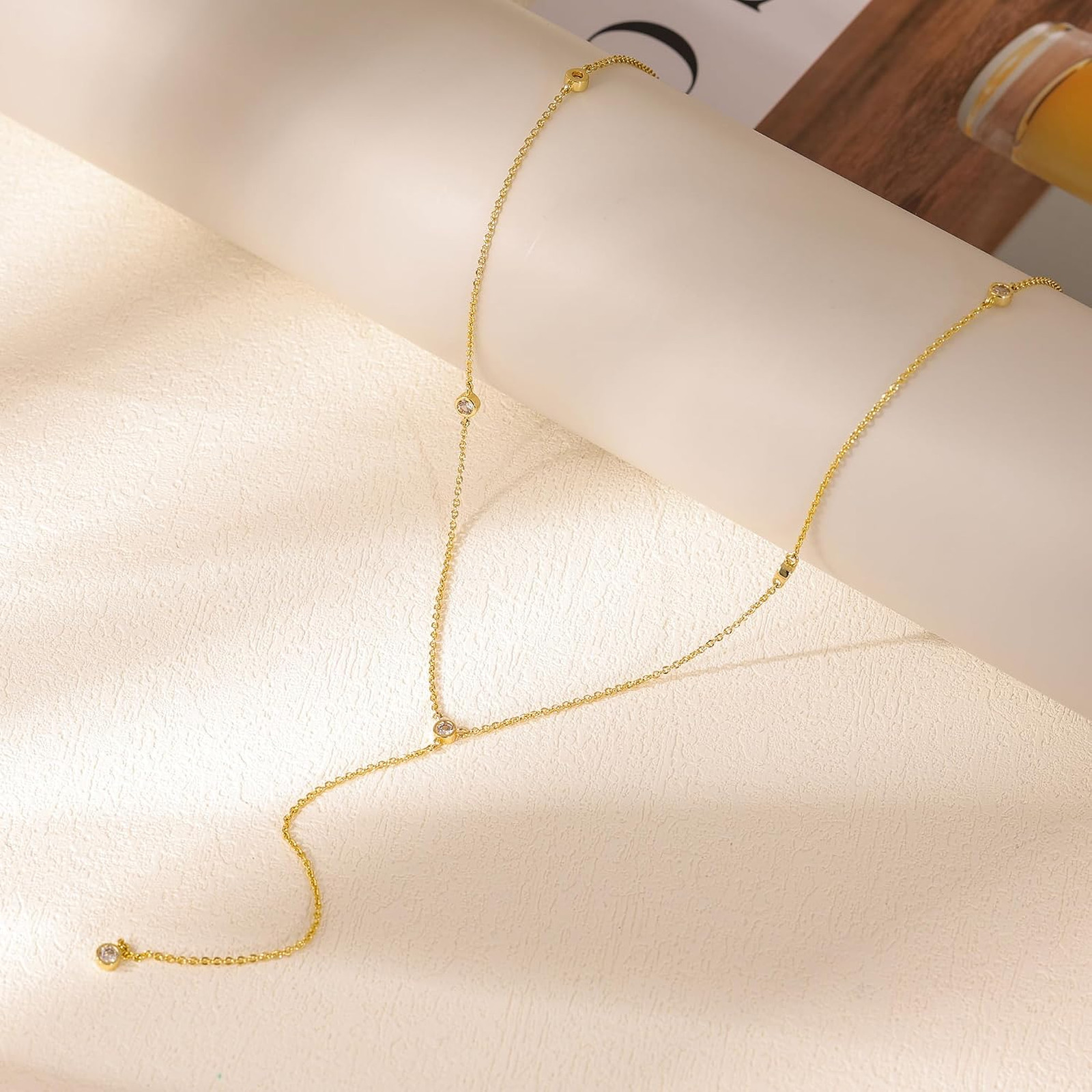 Women’s Gold Necklace, Dainty Long 14k Gold Plated Lariat Necklace, 16.5 Inch