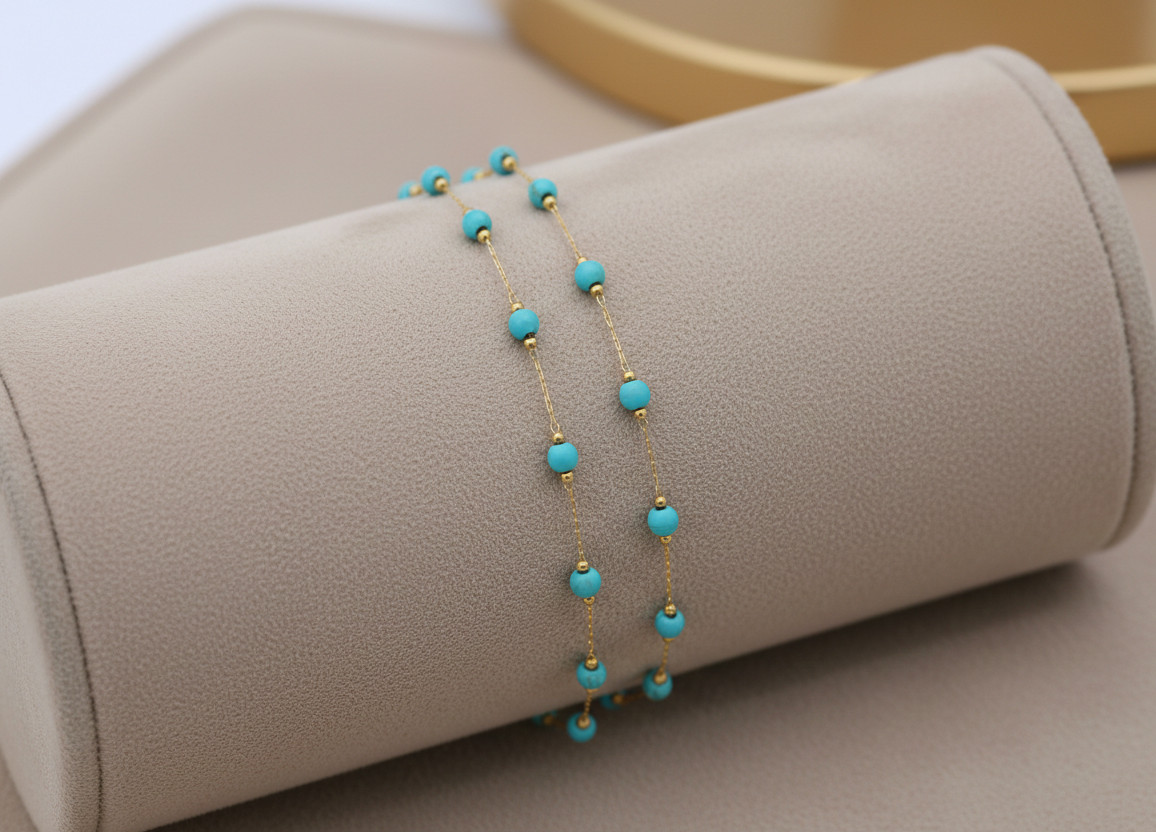 Minimalist Turquoise Beaded Bracelet 18K Gold Tone Brass Chain Bracelet