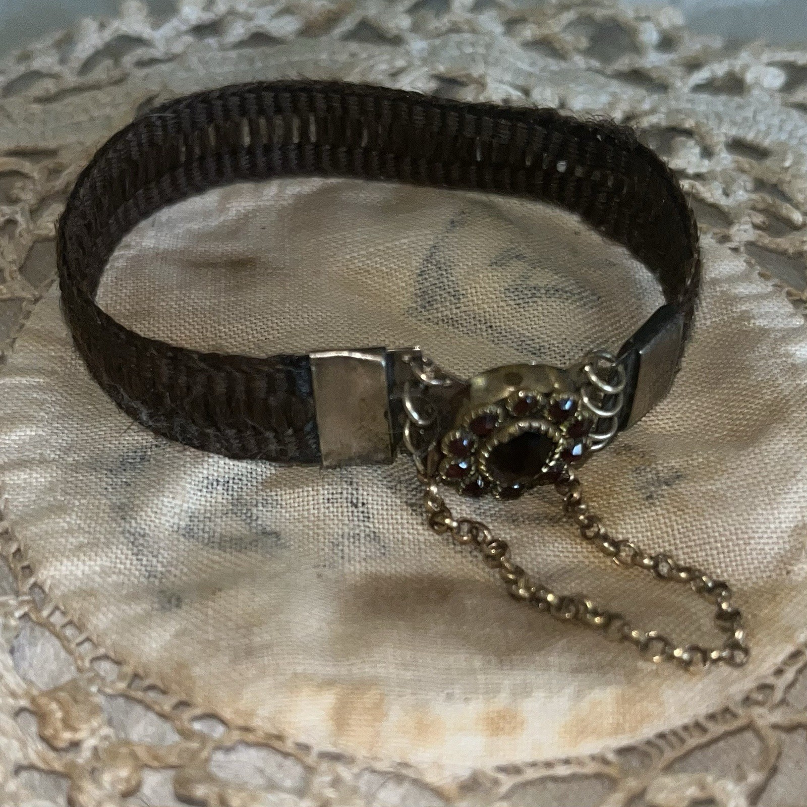 Antique Victorian Mourning Jewelry Human Hair Work Bracelet Red Oval Crystal