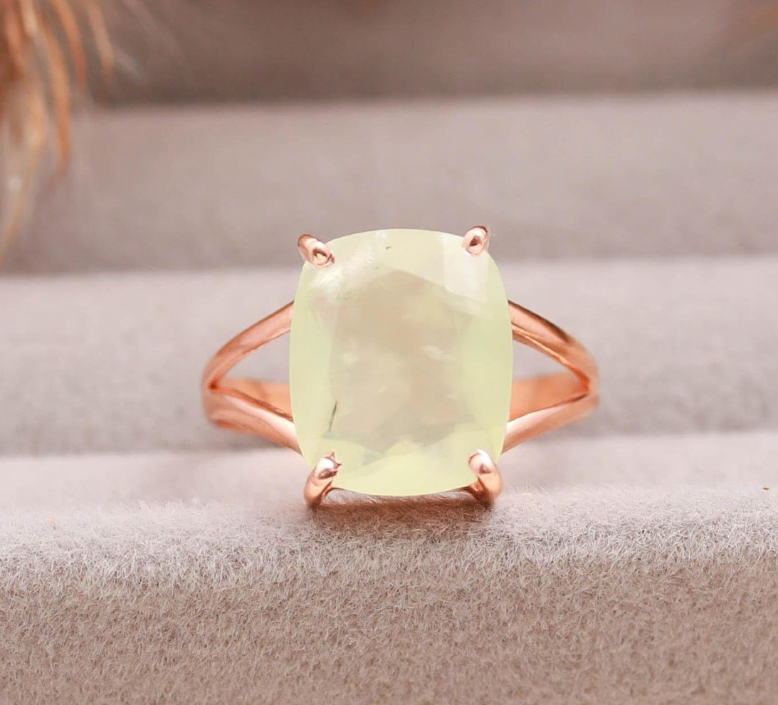Natural Prehnite Cushion Ring Rose Gold Plated 925 Sterling Silver Cham Jewelry
