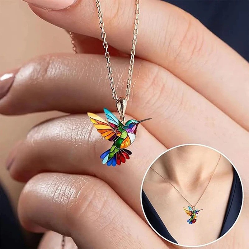 Colorful Hummingbird Pendant Necklace Rainbow Enamel Bird Charm Women Gift Chain