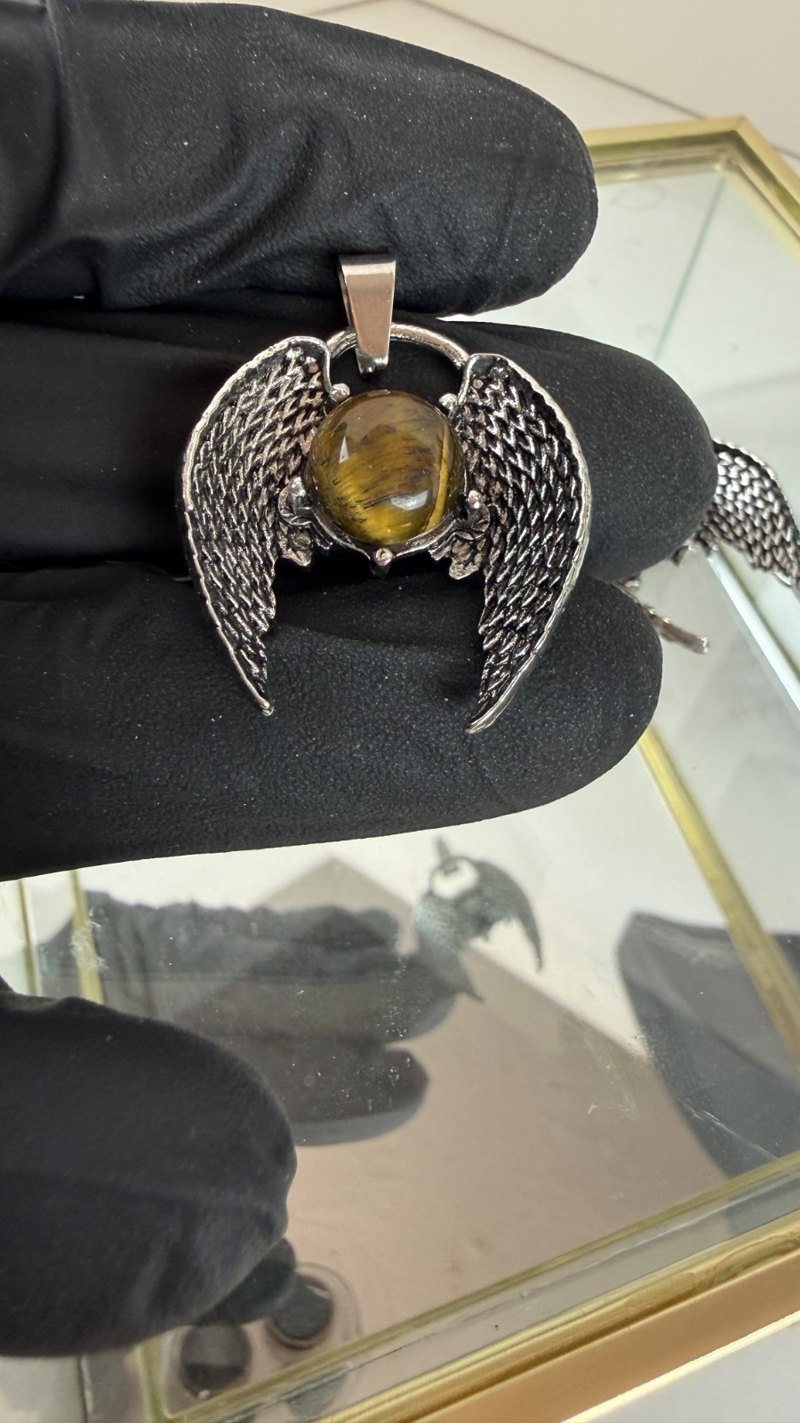 Angel Wing Tiger’s Eye Pendant | Silver Tone Fantasy Gothic Jewelry