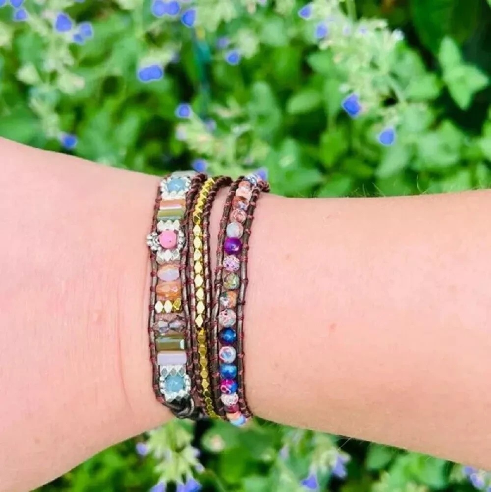 3 Layers Sediment Stone Beaded Leather Wrap Bracelet Meditation Chakra Yoga Gift