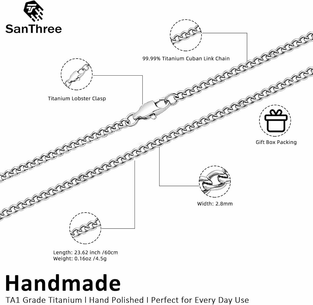 SanThree Solid Titanium Round O Chain Necklace for Men & Women, 3mm