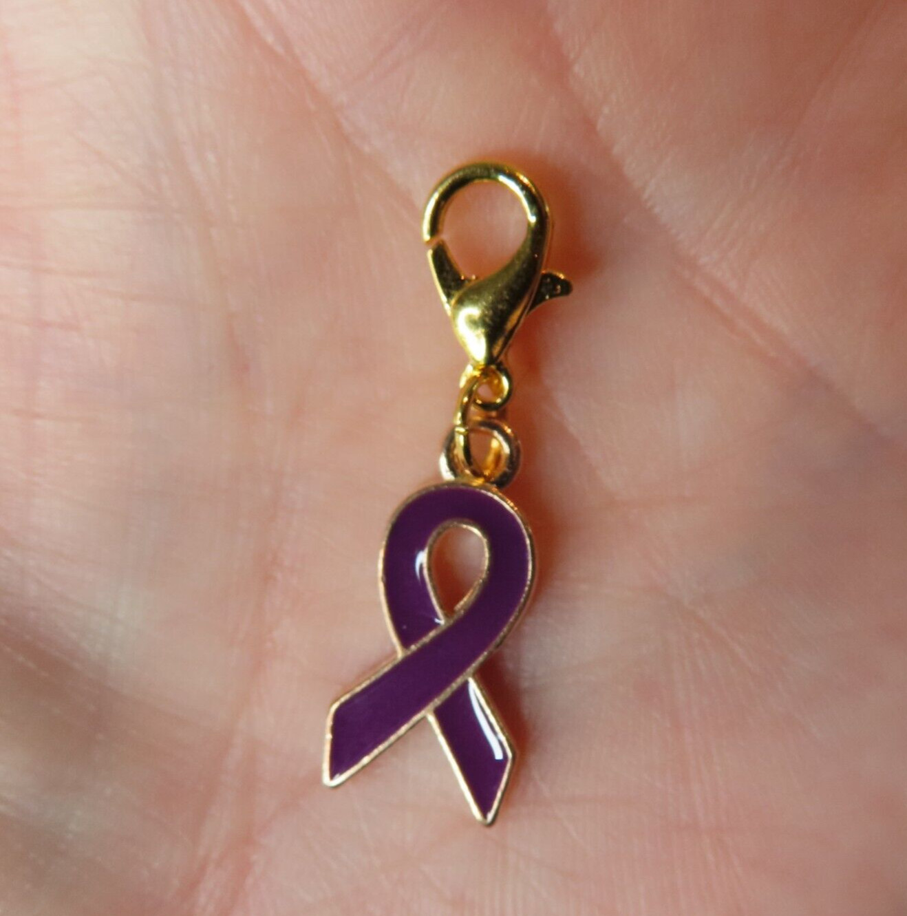 PURPLE RIBBON Alzheimers Awareness Charm Zipper Pull Keychain Add On Clip Dangle