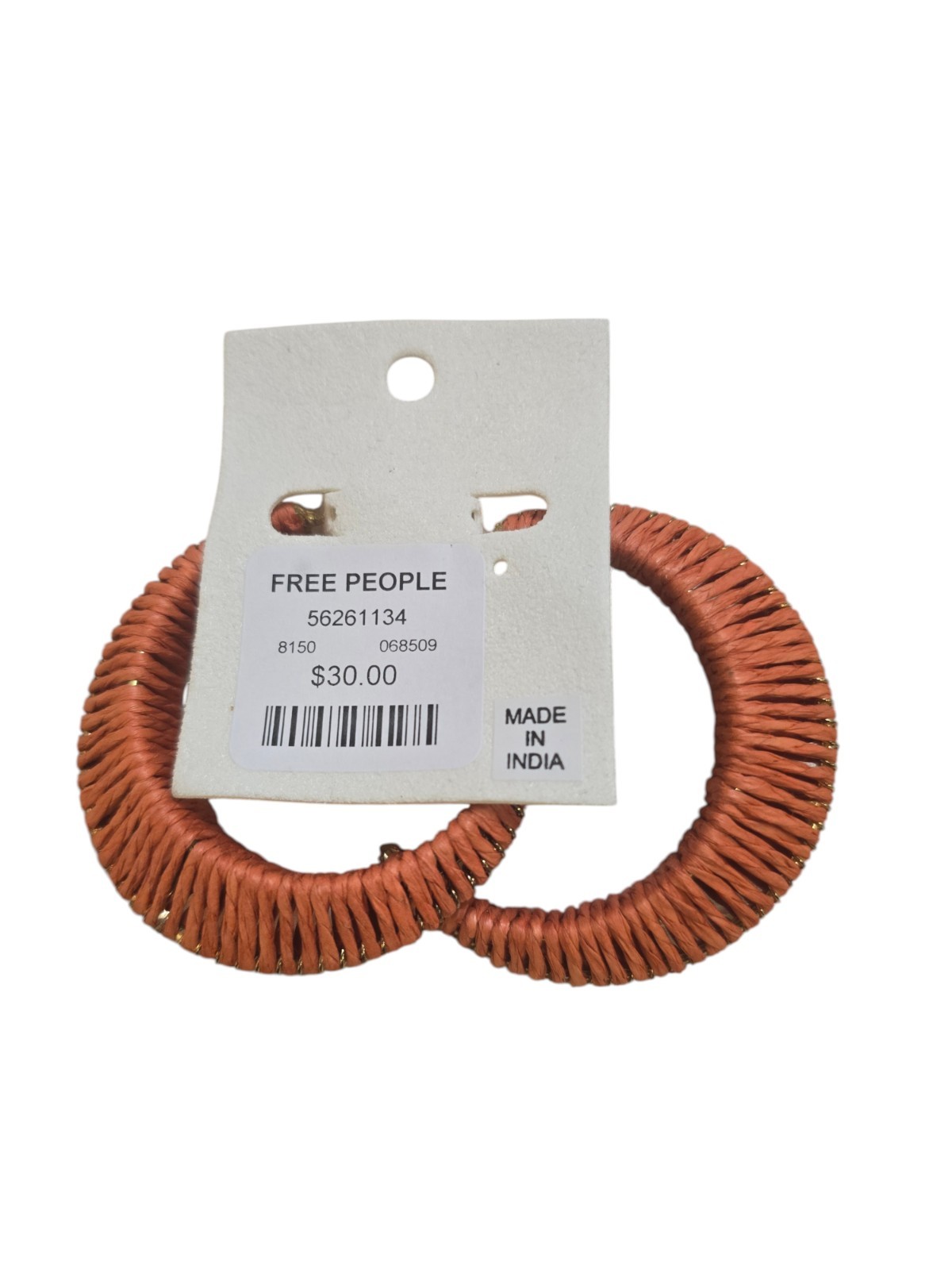 Free People Hoop Earring Rust Straw Over Metal 2.25″ Round Pierced Post NWT
