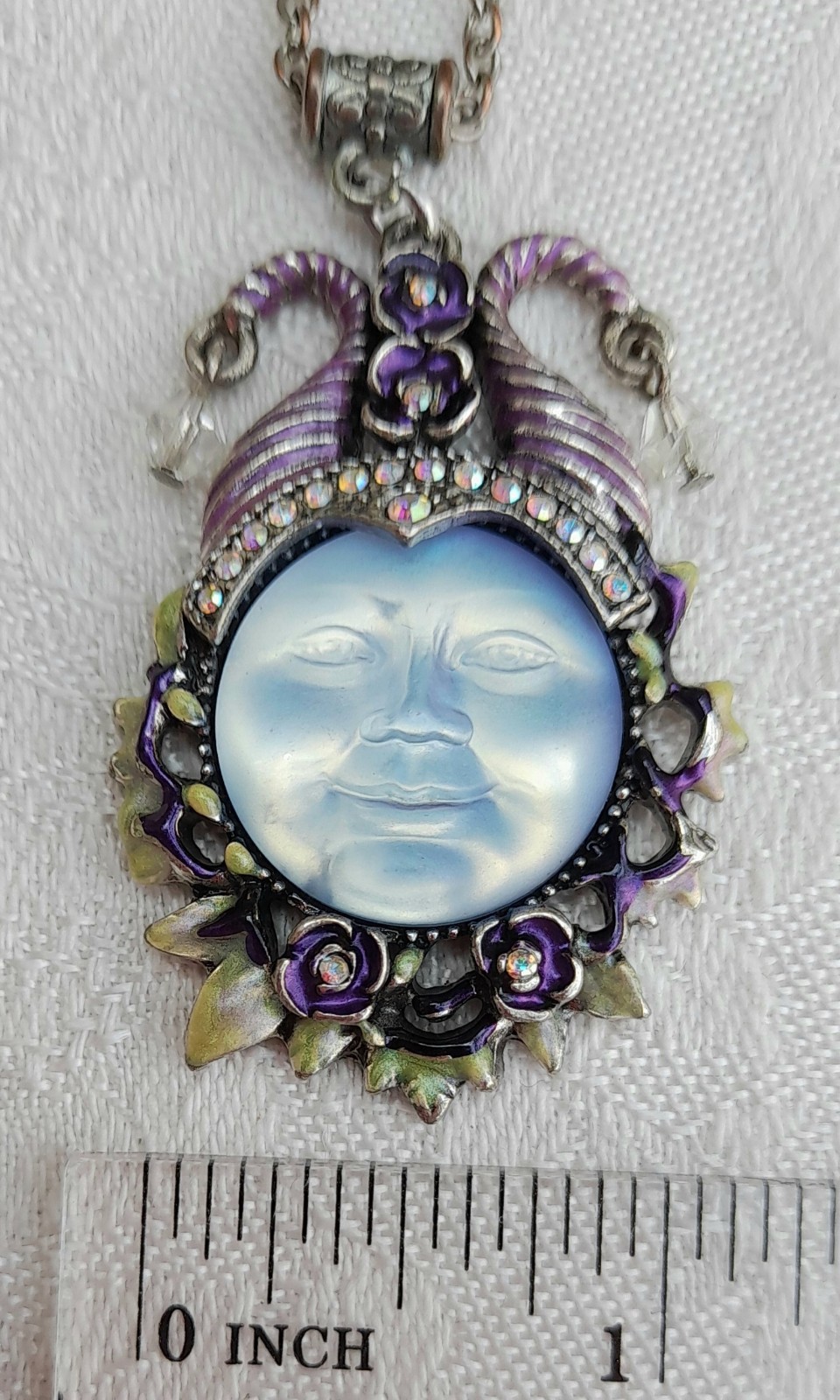 Kirks Folly Sea view Moon Face pendant necklace enamelled with ab stones signed