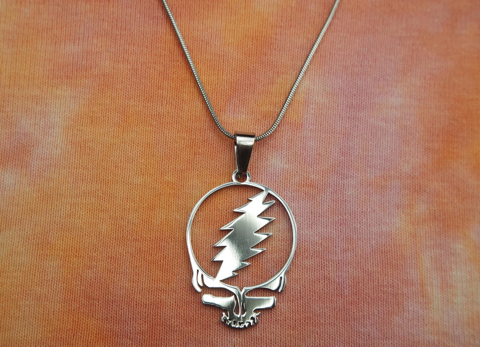 Stealie Necklace Grateful Dead Head Skull Lightening 13 Bolt Greatful Stainless