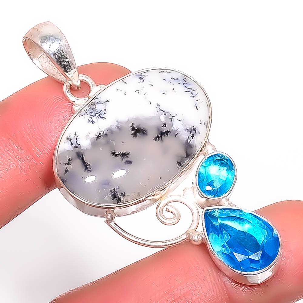 Dendritic Opal & Blue Topaz 925 Silver Plated Pendant 1.83″ T85