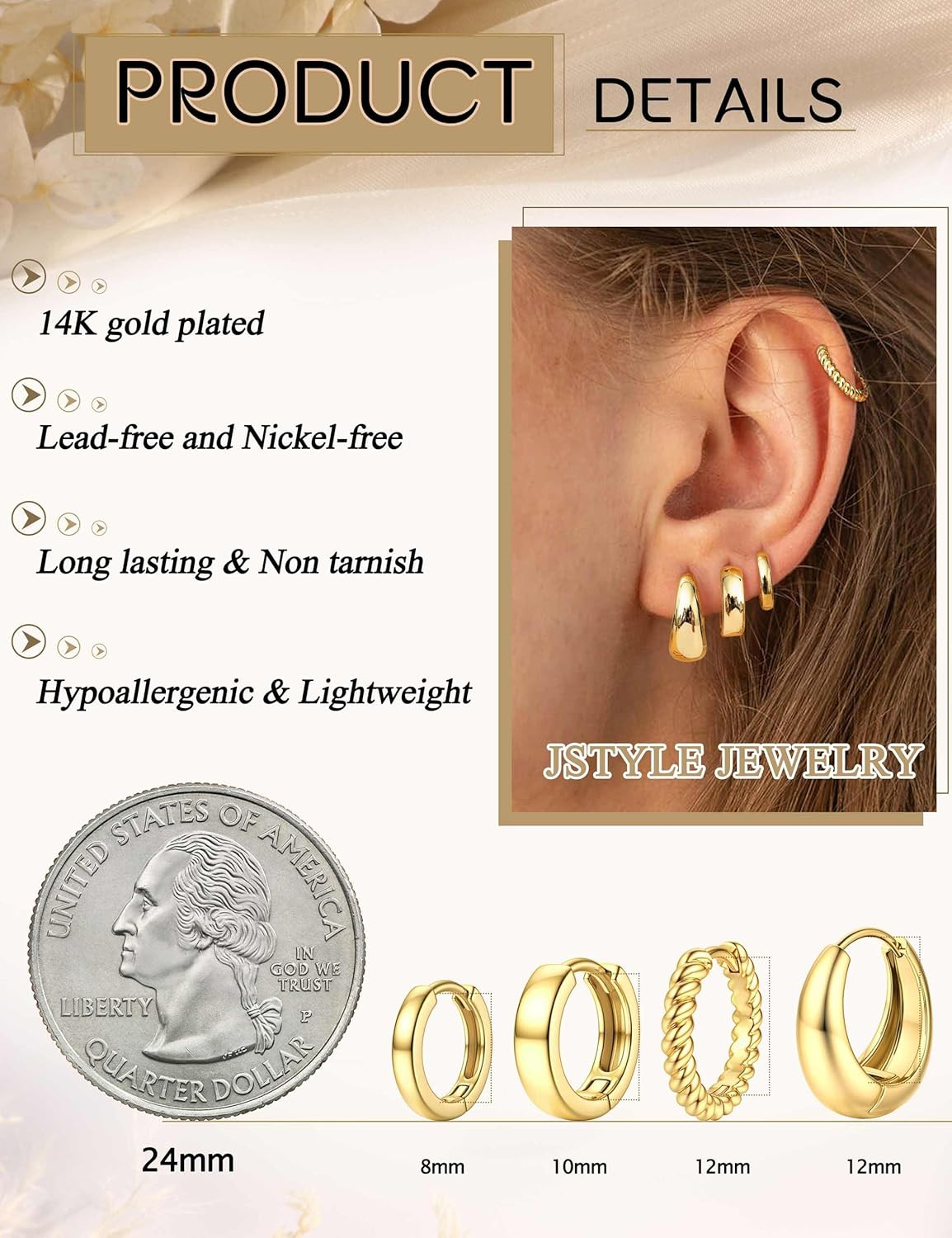 Small Gold Hoop Earrings for Women Trendy 14K Gold Plated Huggie Earring Stacks