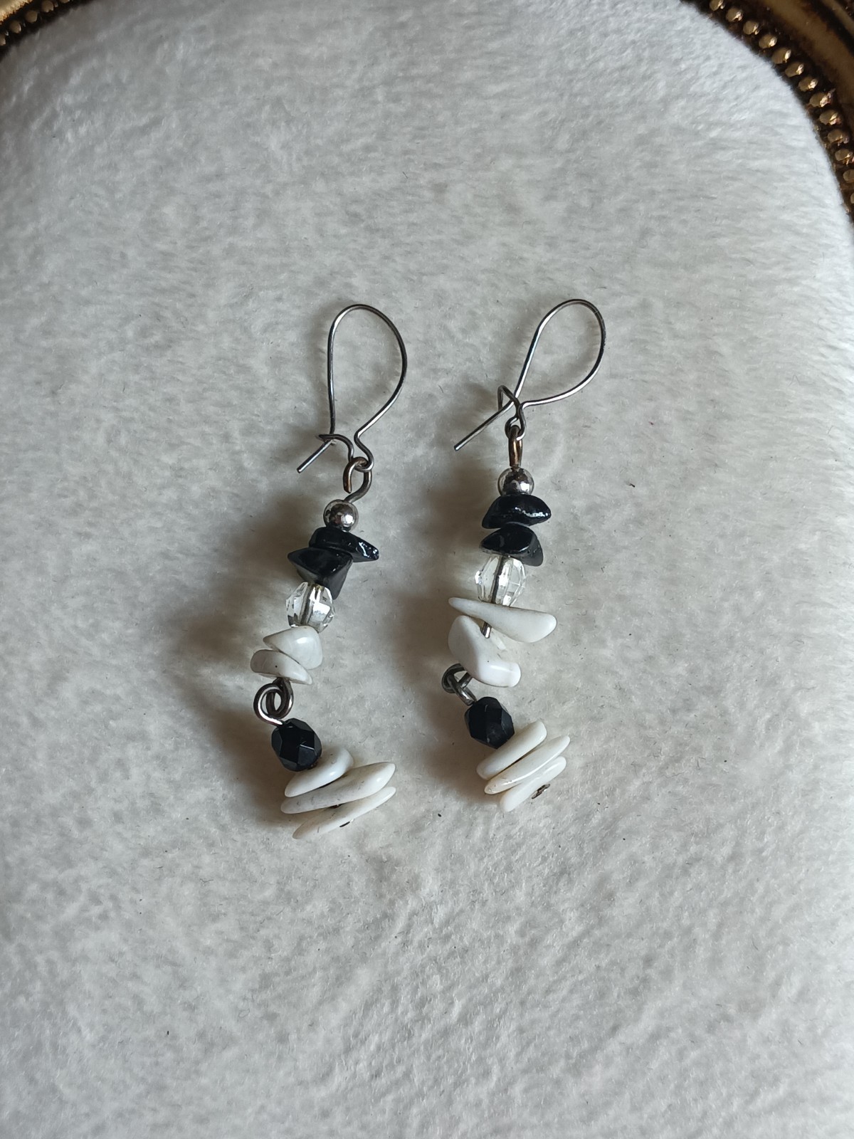 Black White Silver Beaded Dangle Drop Hook Earrings Metal Plastic Lobe
