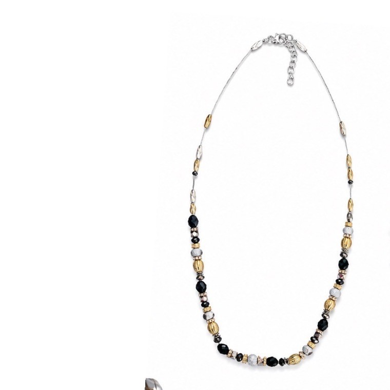 Mixed Metal Long Beaded Necklace Black Gold Silver Crystal Accents 36″ Long