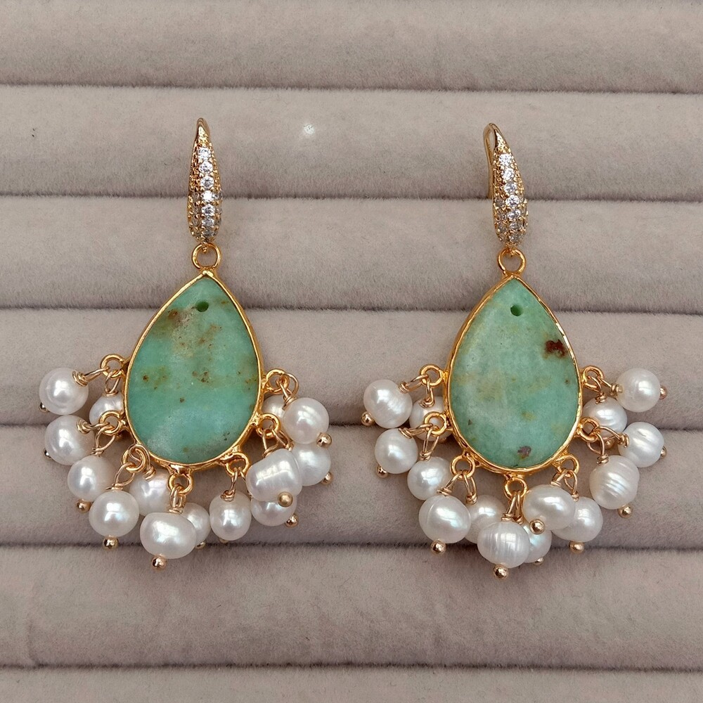 Natural Green Chrysoprase Cultured White Pearl Dangle Earrings
