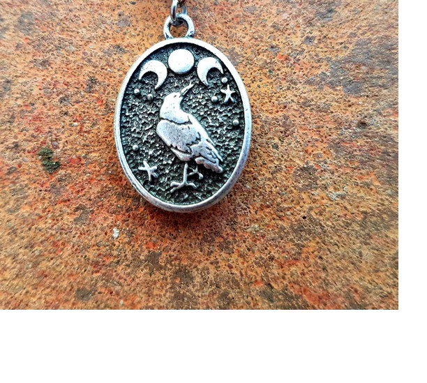 CROW BIRD RAVEN TRIPLE MOON Oval Pendant 925 Sterling Silver 20″ Necklace women