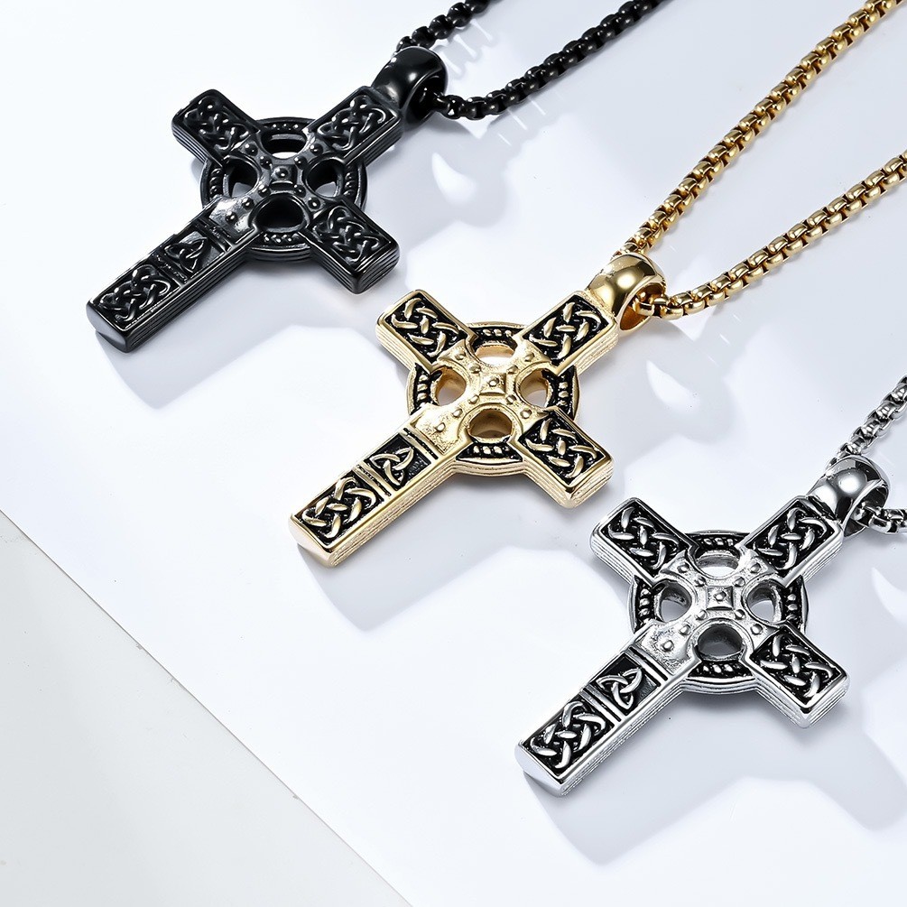 Celtic Knot Titanium Steel Gothic Cross Necklace Norse Runes Viking Pendant 24″