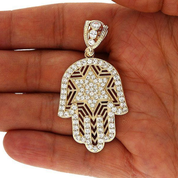 2.65Ct Simulated Diamond 14K Yellow Gold Star David Hamsa Pendant