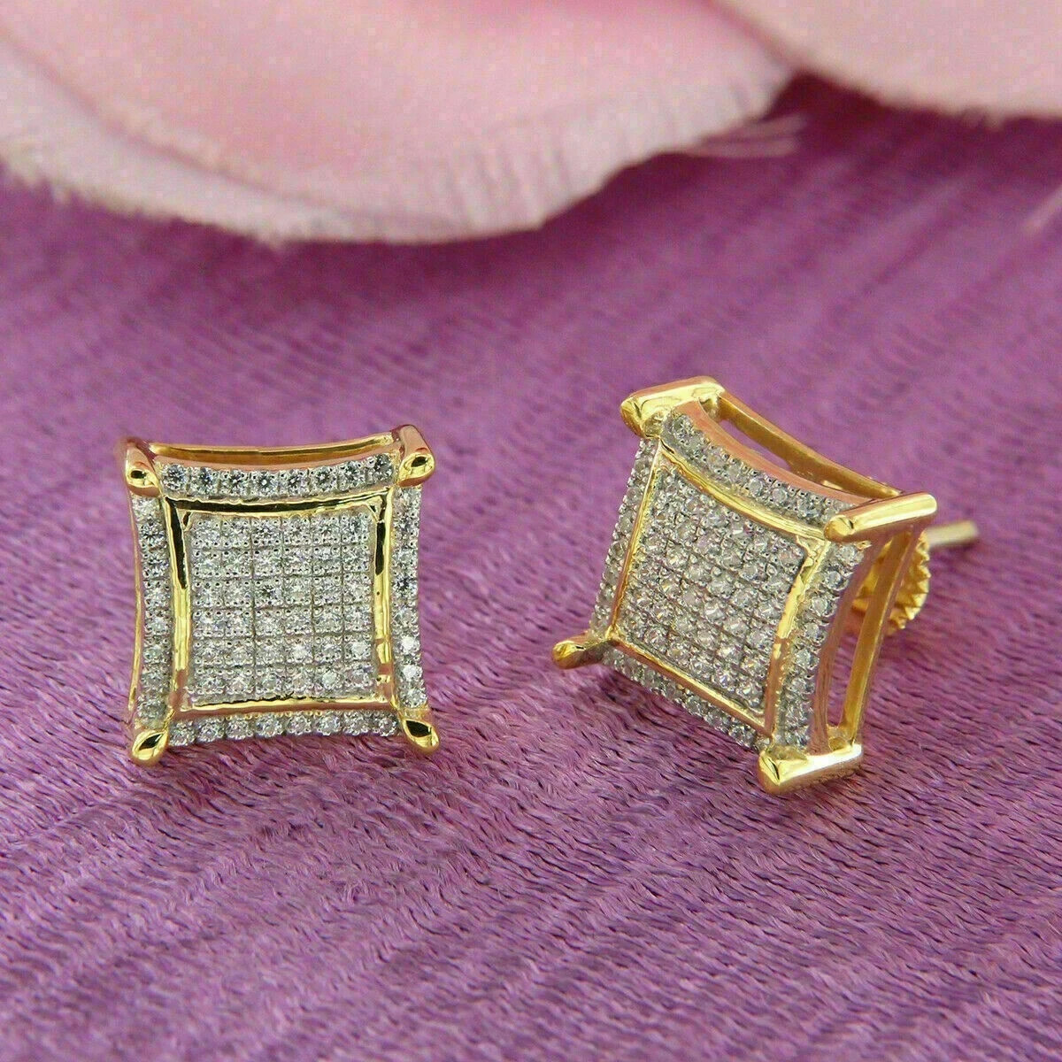 2Ct Round Simulated Diamond Men’s Square Stud Earrings 14k Yellow Gold Plated
