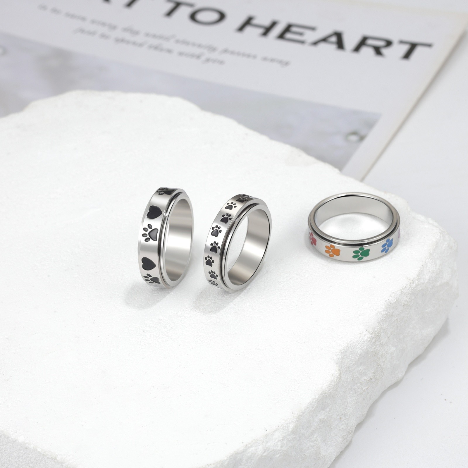 Womens Pet Paw Print Stainless Steel Anxiety Spinning Ring Pet Lover Gift Ideal
