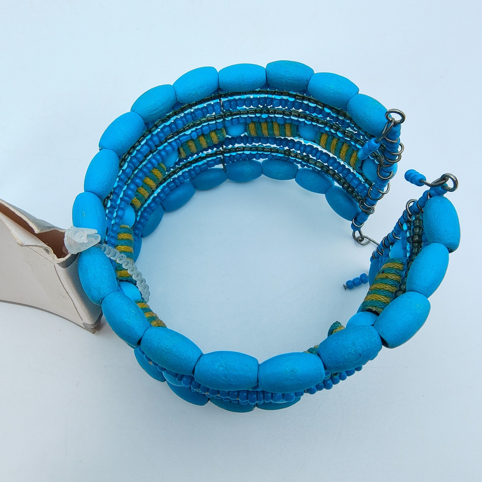 Boho Wood Bead Wire Cuff Bracelet Turquoise Color Southwestern Boho Style
