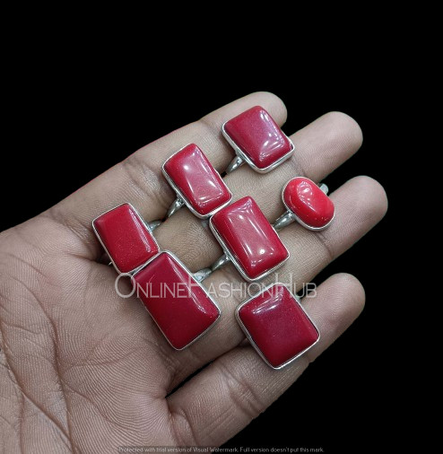 Handmade Red Coral Gemstone 925 Sterling Silver Plated Worry Rings Lot Jewelry