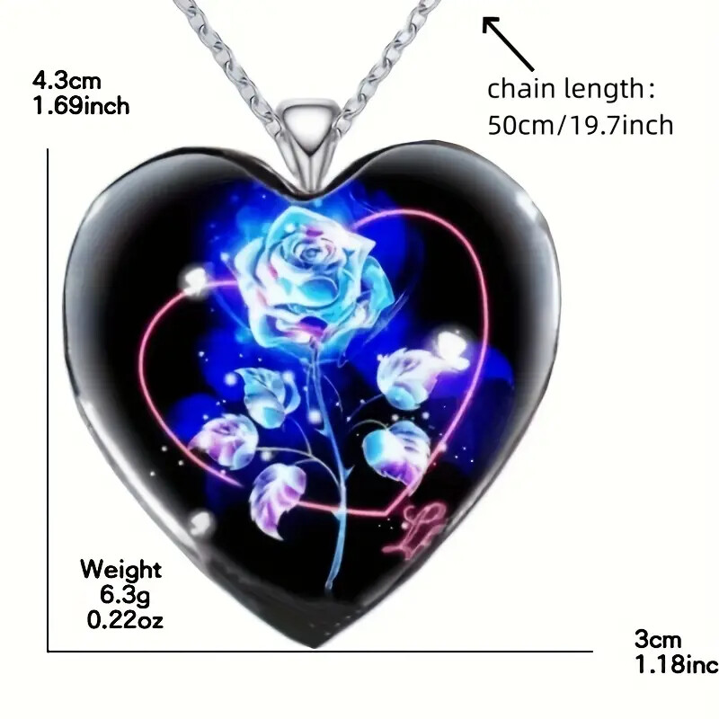 Exquisite Vintage Blue Rose Printed HeartPendant Necklace