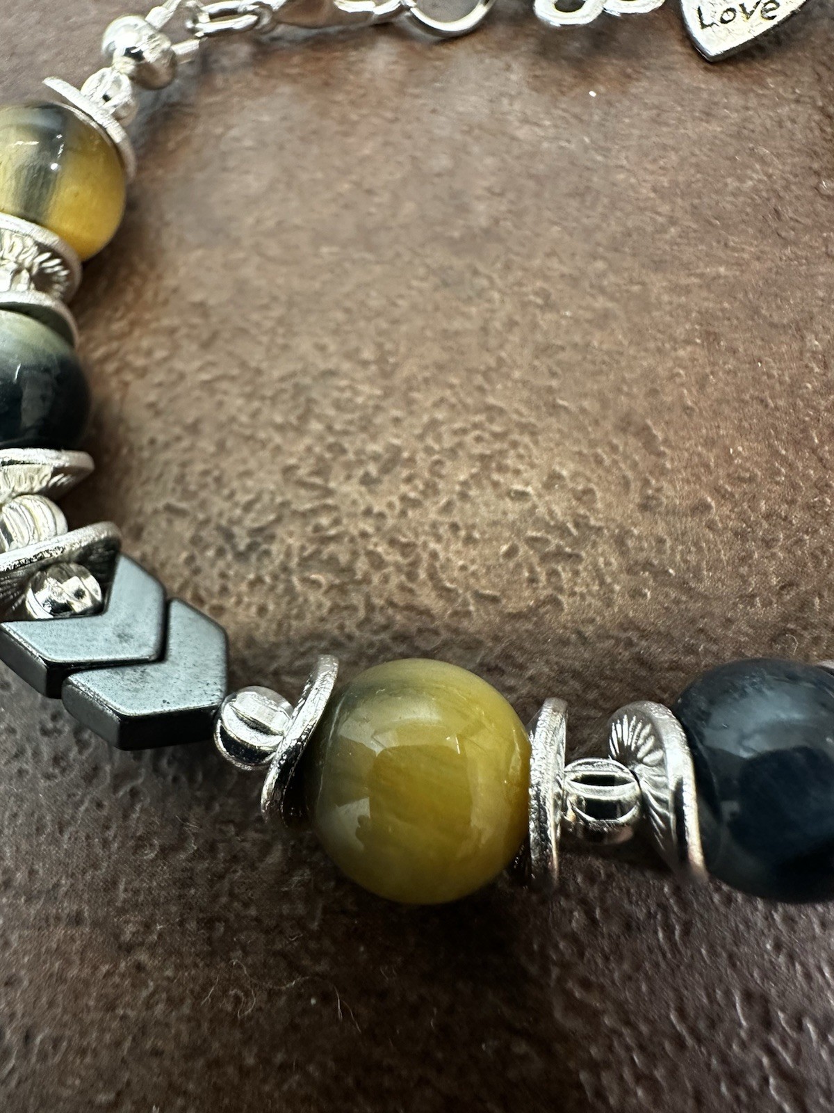Elegant Silver and Yellow Mixed with Black Falcon’s Eye Beaded Bracelet