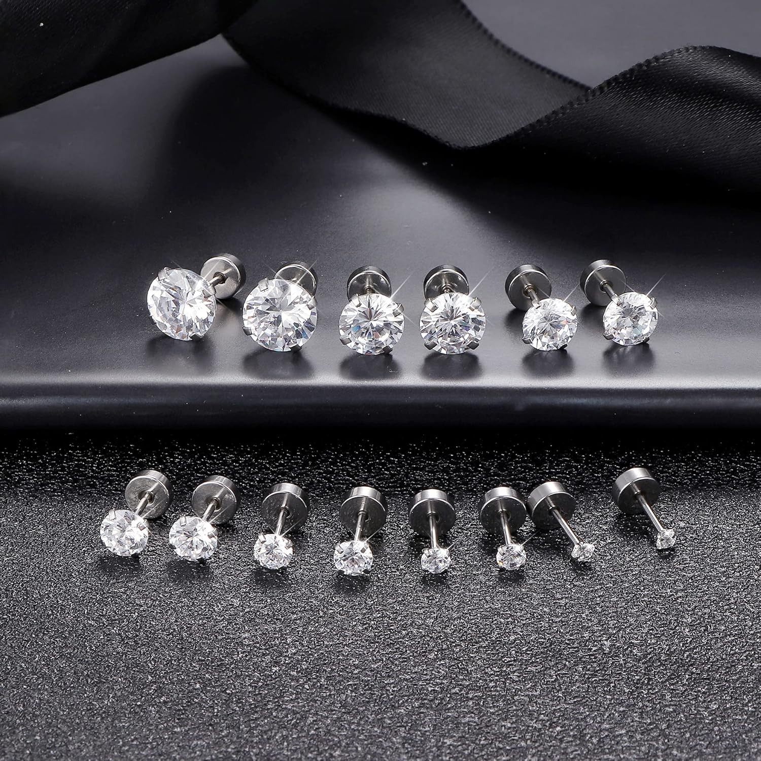 Fansilver 20G Hypoallergenic Flat Back Earrings for Women A. 7Pairs, 2-8mm cz