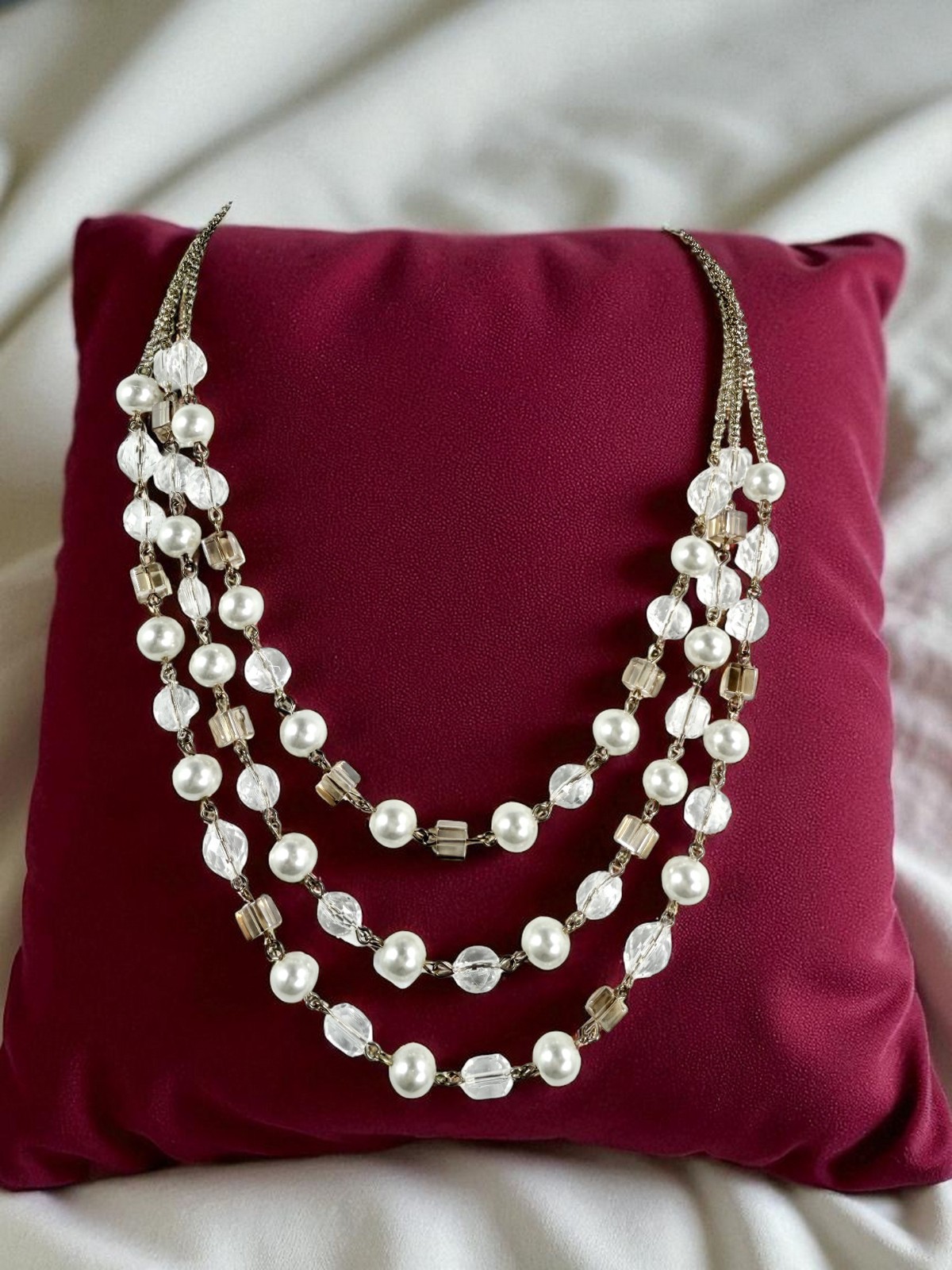 Gold Tone Layered Pearl Necklace Crystal Bead Statement Bridal Wedding
