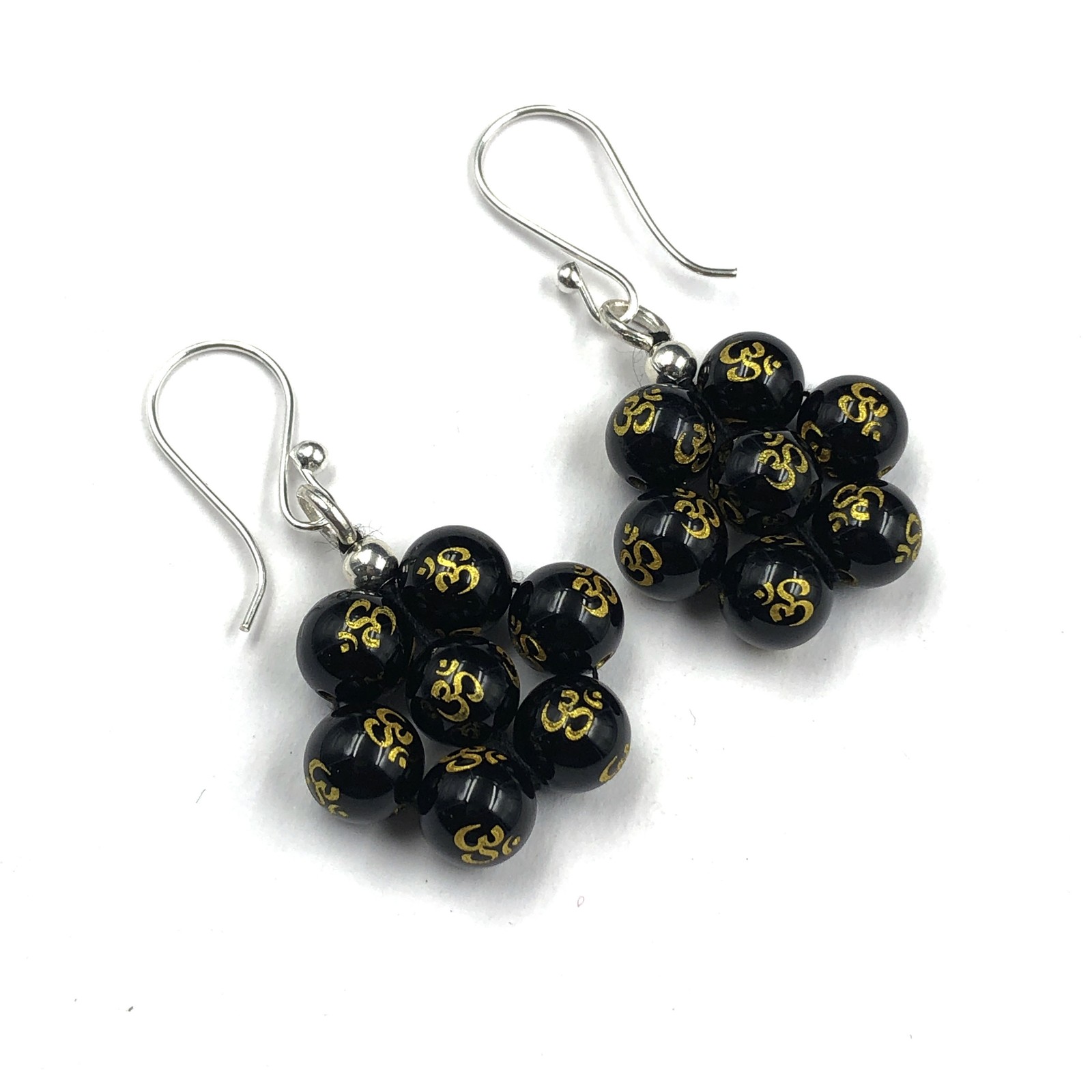 Natural Black Om Gemstone Round 8 mm Smooth Beads 1.8″ Dangle Earrings PBE-47