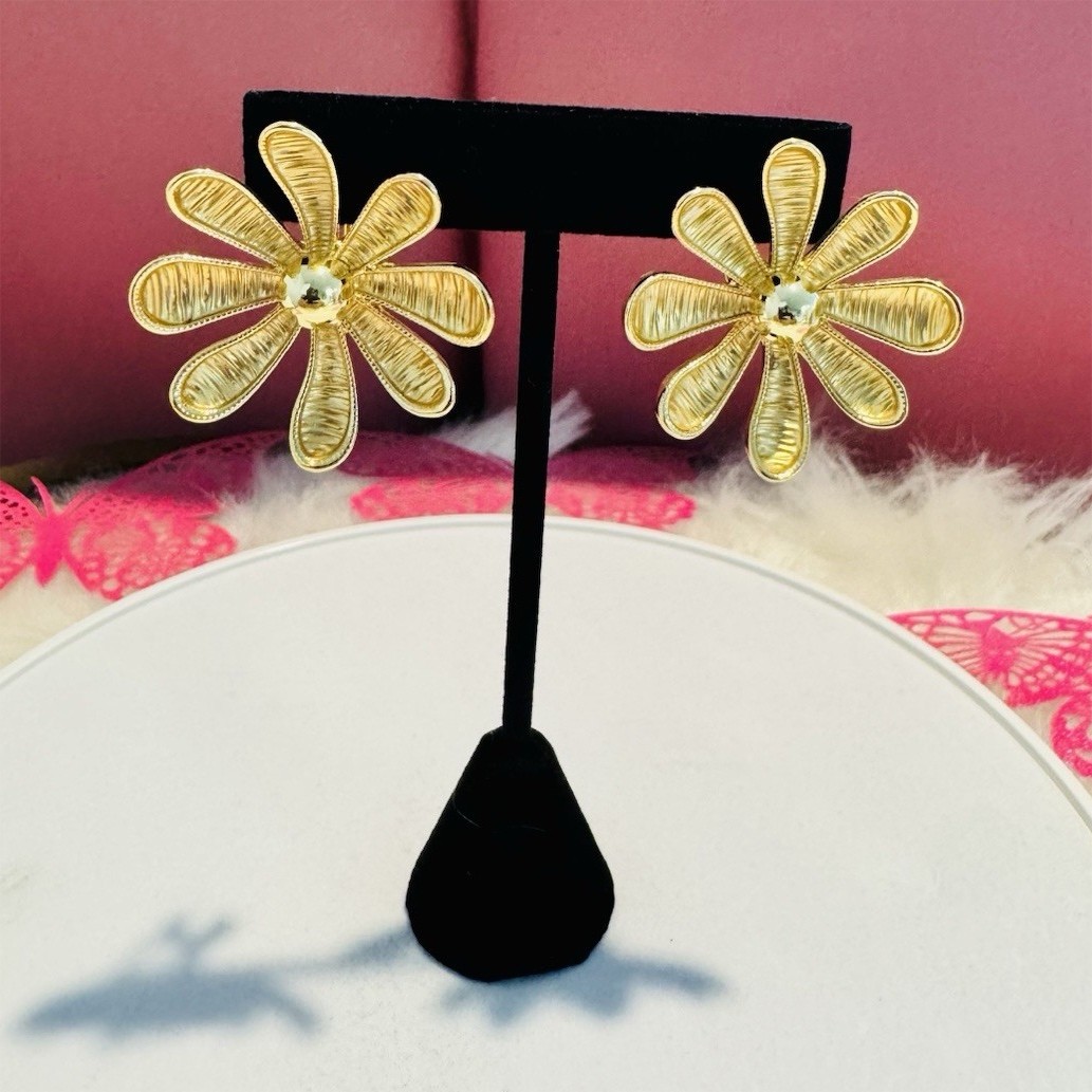 Gold Tone Flower Stud Earrings Metal Lobe with Clear Rhinestone Center