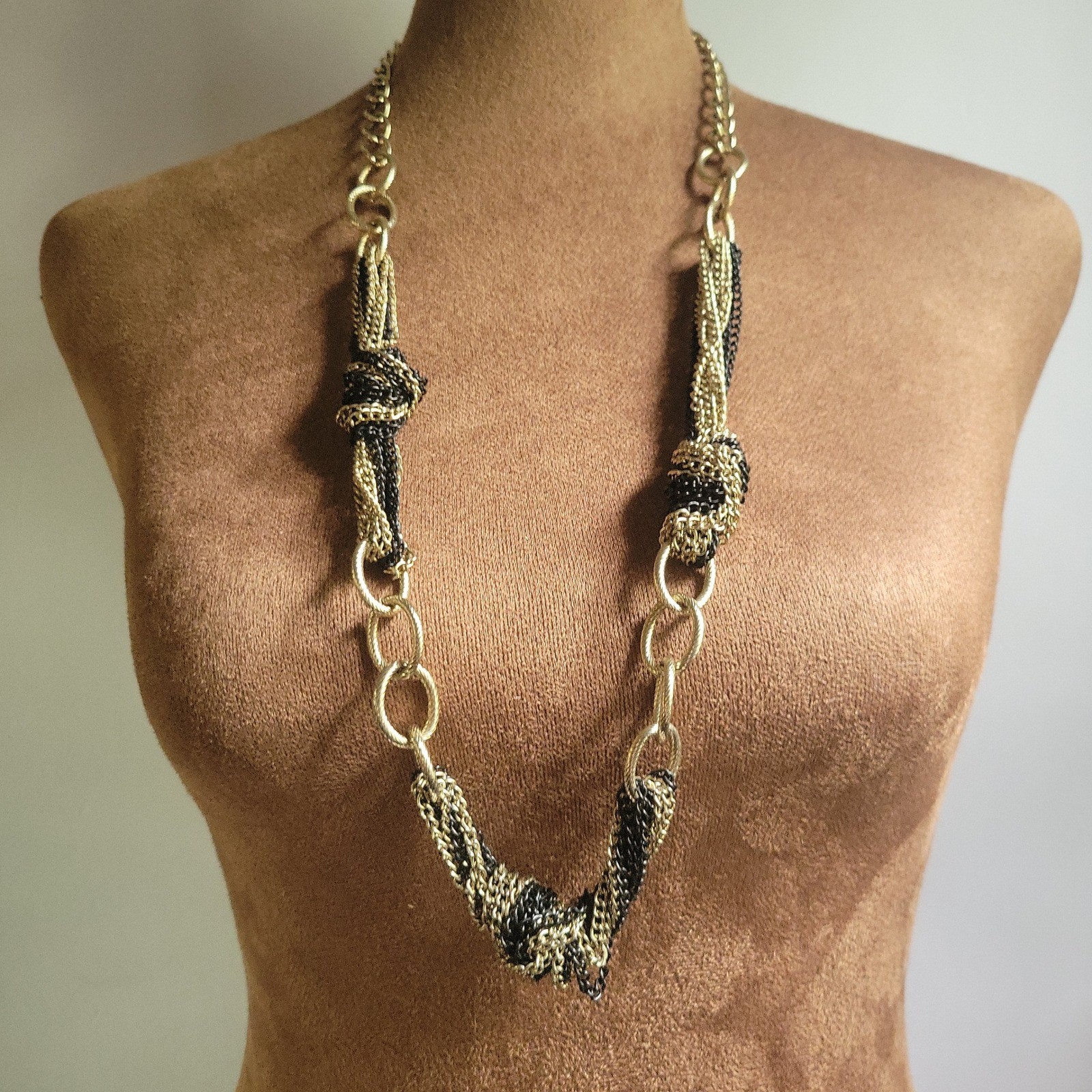 Gold Black Multi Strand Knotted Chain Statement Necklace 22 Inch Eclectic