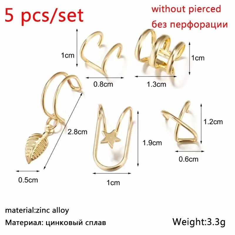 New 5pc Gold Silver Color Metal Ear Cuff Non-Piercing Ear Clips Earrings Jewelry