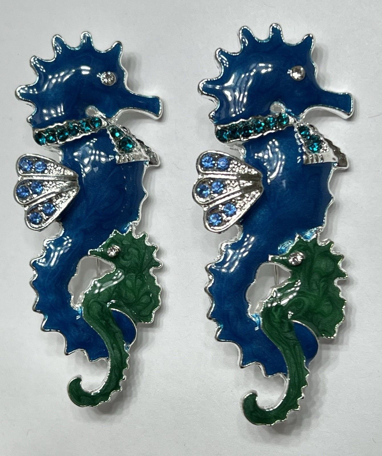Crystal Rhinestone Seahorse Brooch LOT Pin Glass Vintage Sea Horse Blue Green