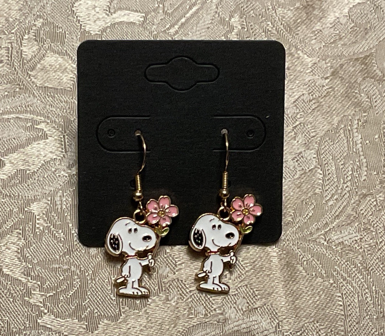 Snoopy Flower Gold Loop Enamel Drop Dangle Adorable Boho Trendy Earring Set