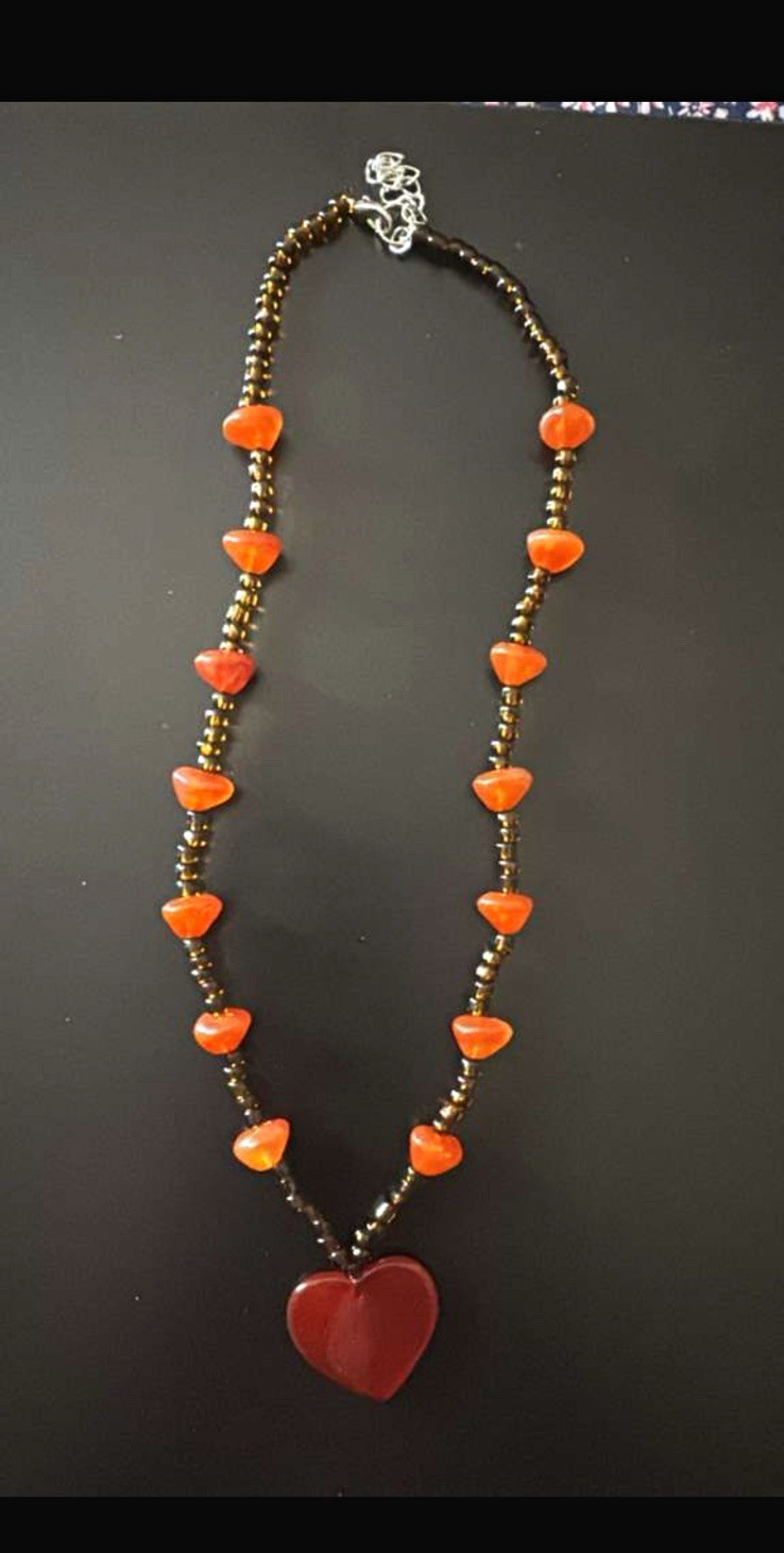 Orange Round Bead Necklace w/ Red Heart Charm Pendant, Silver Tone, Ball/Bead