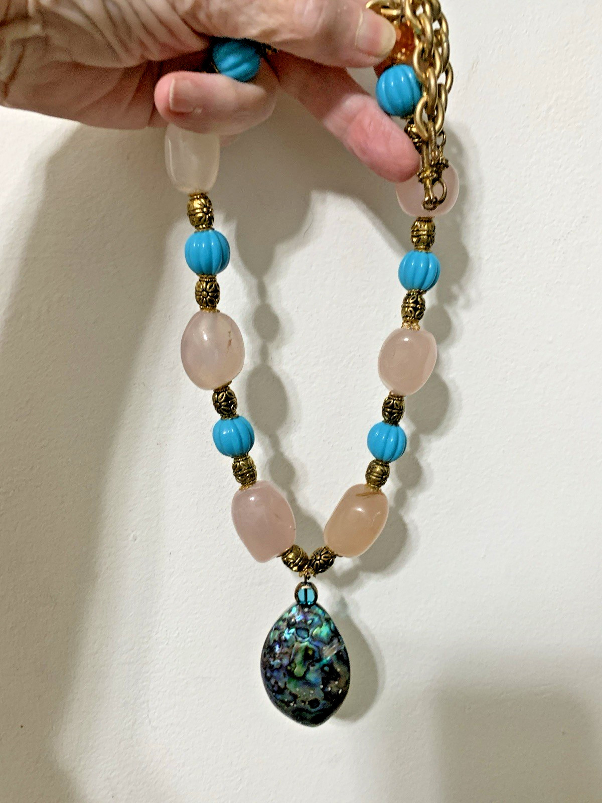 Handcrafted Rose Quartz And Abalone And Mother Pearl Necklace.
