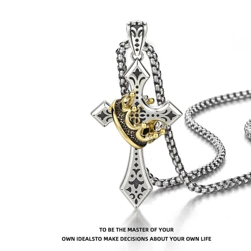 Mens Stainless Steel Cross Necklace with Gold Crown Pendant Christian Jewelry US