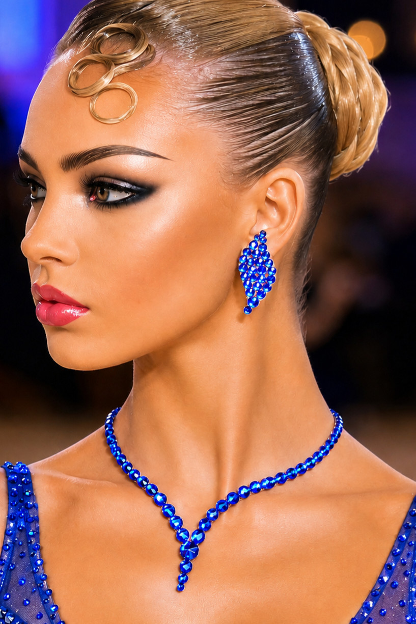 Crystals Sapphire Glass Ballroom Dance Dress Jewelry Set Necklace, Earrings