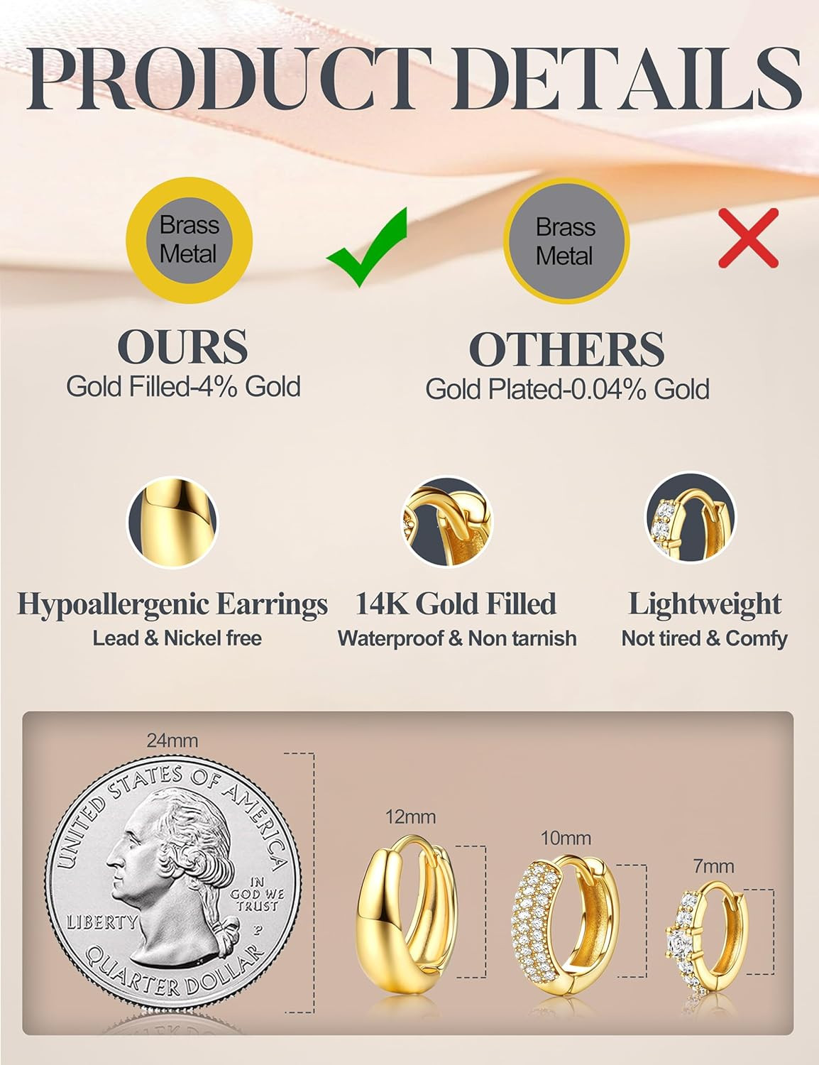 Small 14K Gold Plated Chunky Hoop Earrings for Women Hypoallergenic Silver Earri