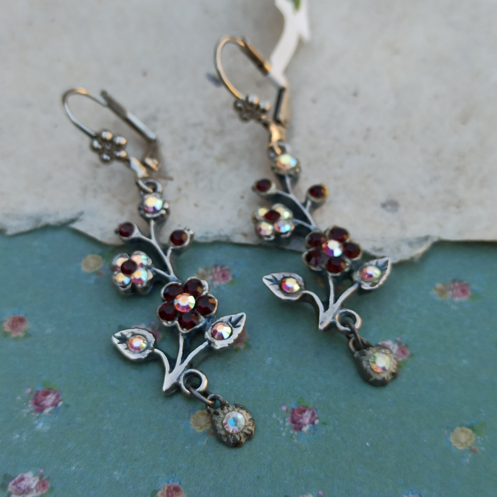 Michal Negrin Earrings Silver Aurora Borealis Red Crystals Long Flower Branch