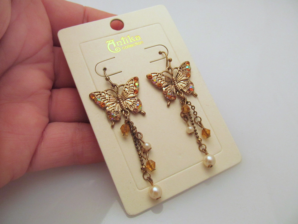 *NEW Gold Tone Butterfly Drop Amber Crystal Pierced Earrings by Antika