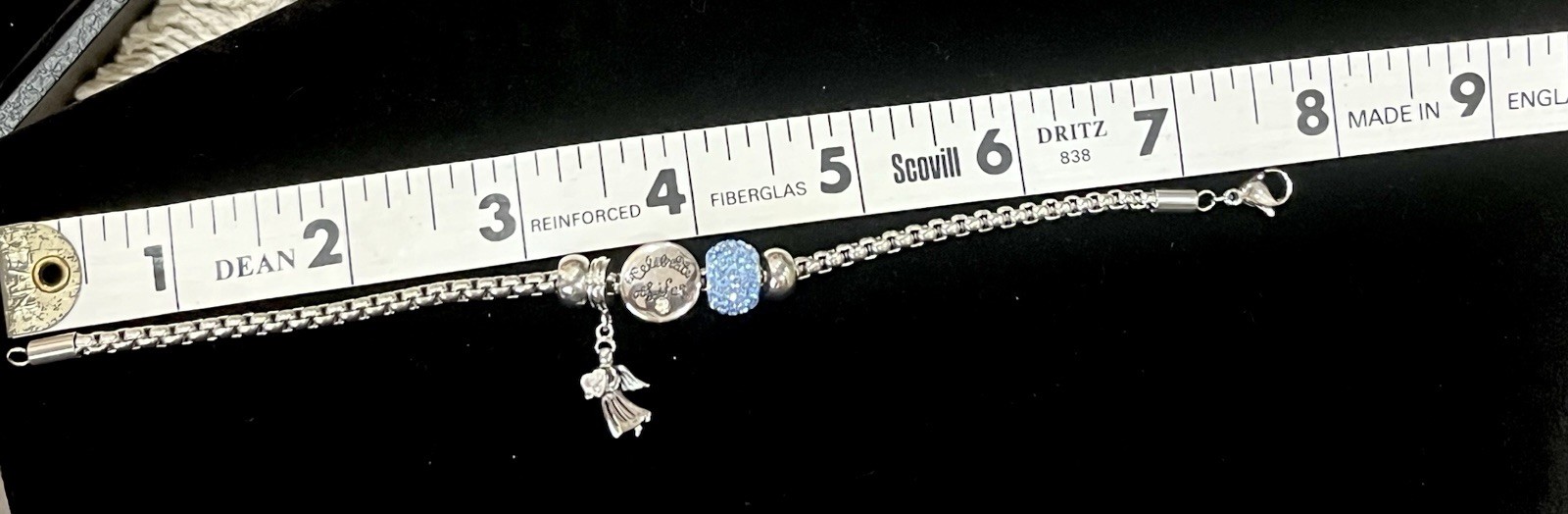 Celebrate Life Silver Charm Bracelet W/Angel & Blue Crystal Charm, 7.4 In