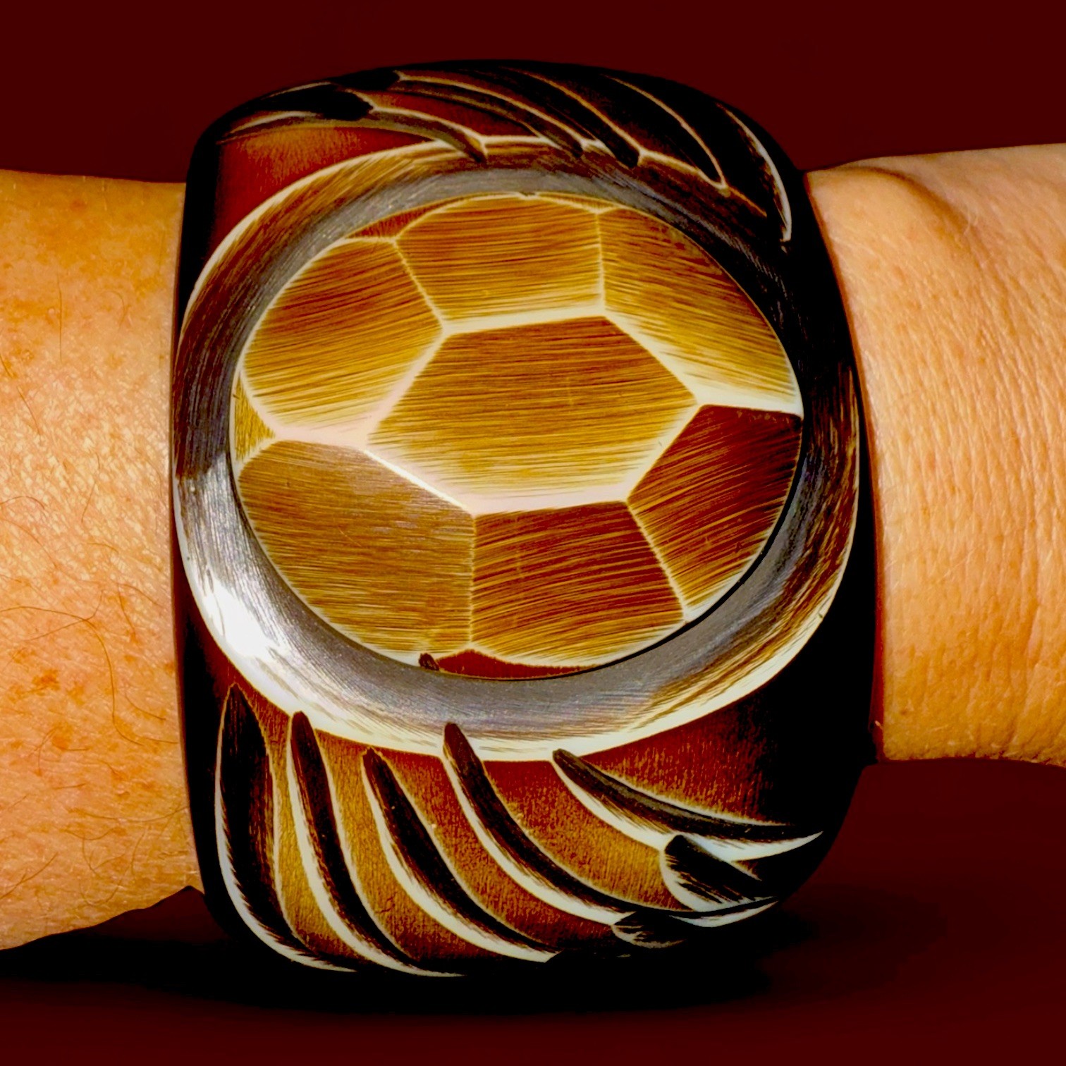 Chunky Acrylic Carved Tortoise Shell Medallion Bangle Bracelet