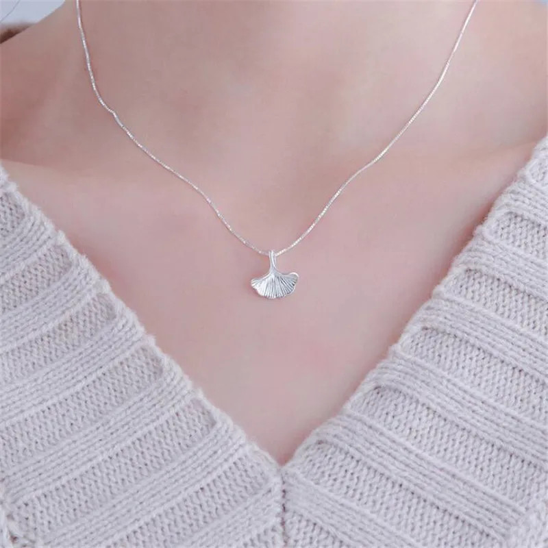 Leaf Shape Pendant Necklace 925 Sterling Silver O Link Chain Women Jewelry