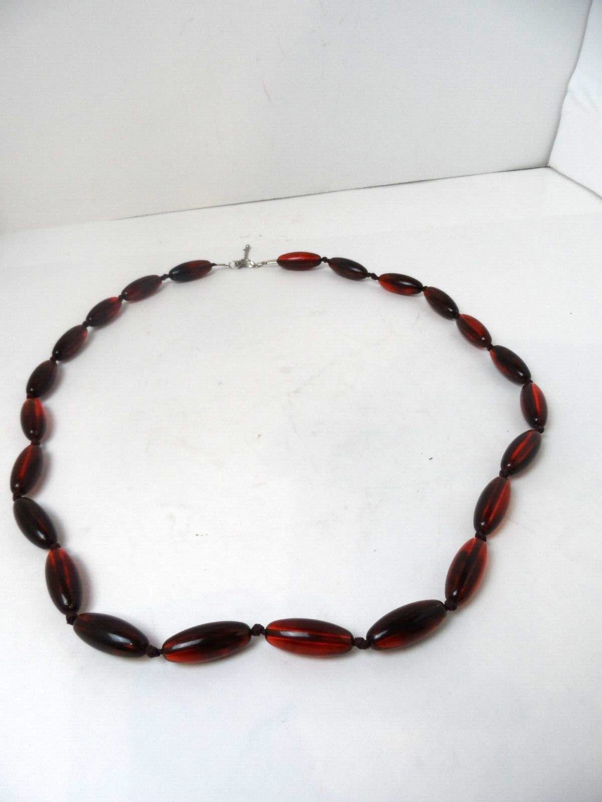 Amber Color Acrylic Glass Like Necklace Silver Metal Hardware 19″ Long