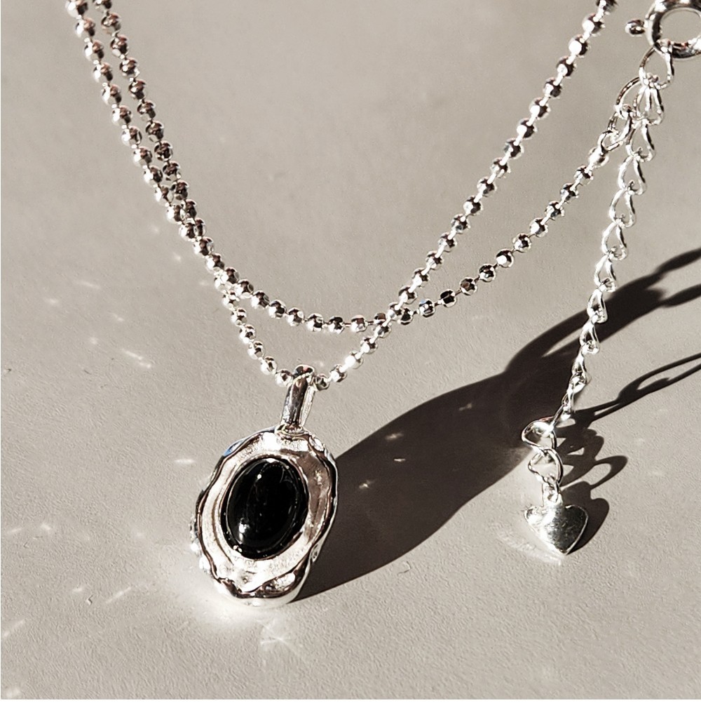 925 Sterling Silver Bold Hammered Black Onyx Pendant Necklace Gold Silver