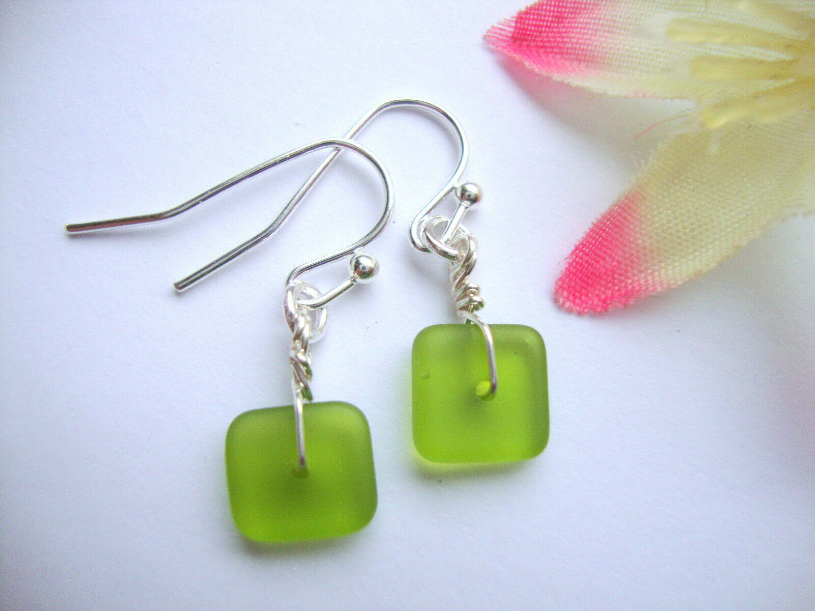 Flat, Forward-Facing, Dainty Frosted Sea GlassSilver Dangle Earrings, Minimalist