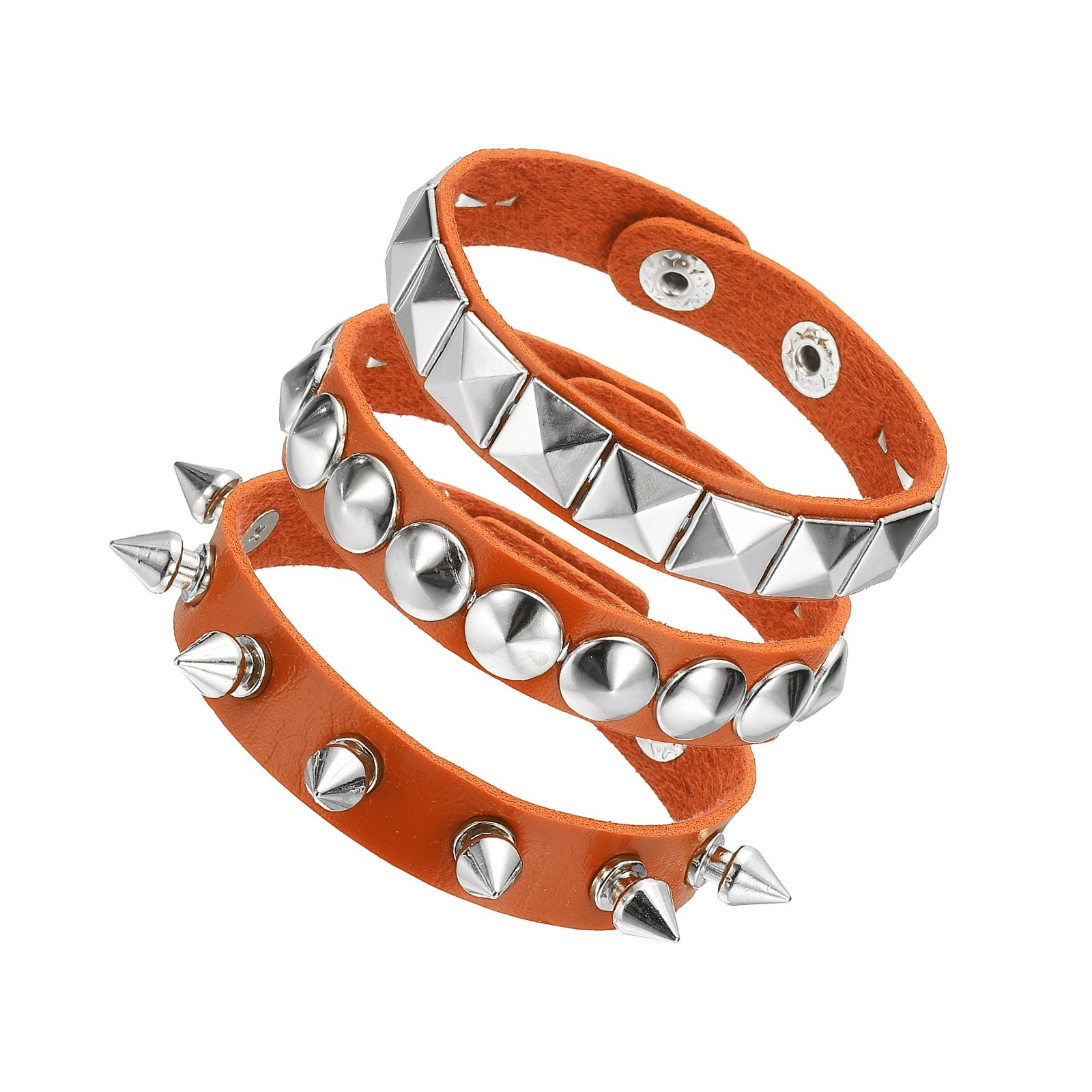3Pcs Punk Studded Bracelet Set 8.7″/22cm Adjustable Bracelets Orange